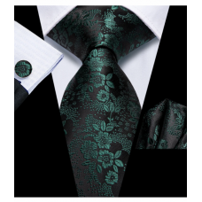 3delige set stropdas pochet manchetknopen donkergroen Bloemetje